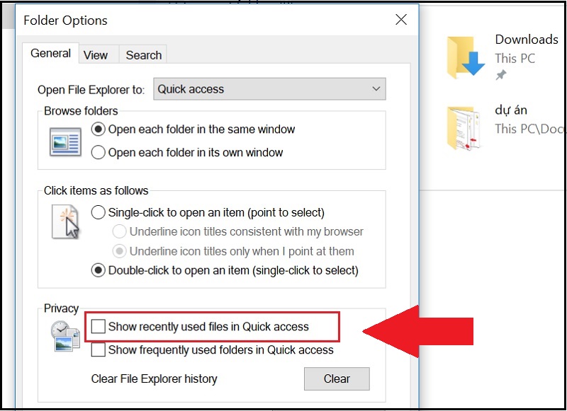 Bỏ chọn Show recently used files in Quick access để tắt hiển thị Các tệp đã mở gần đây